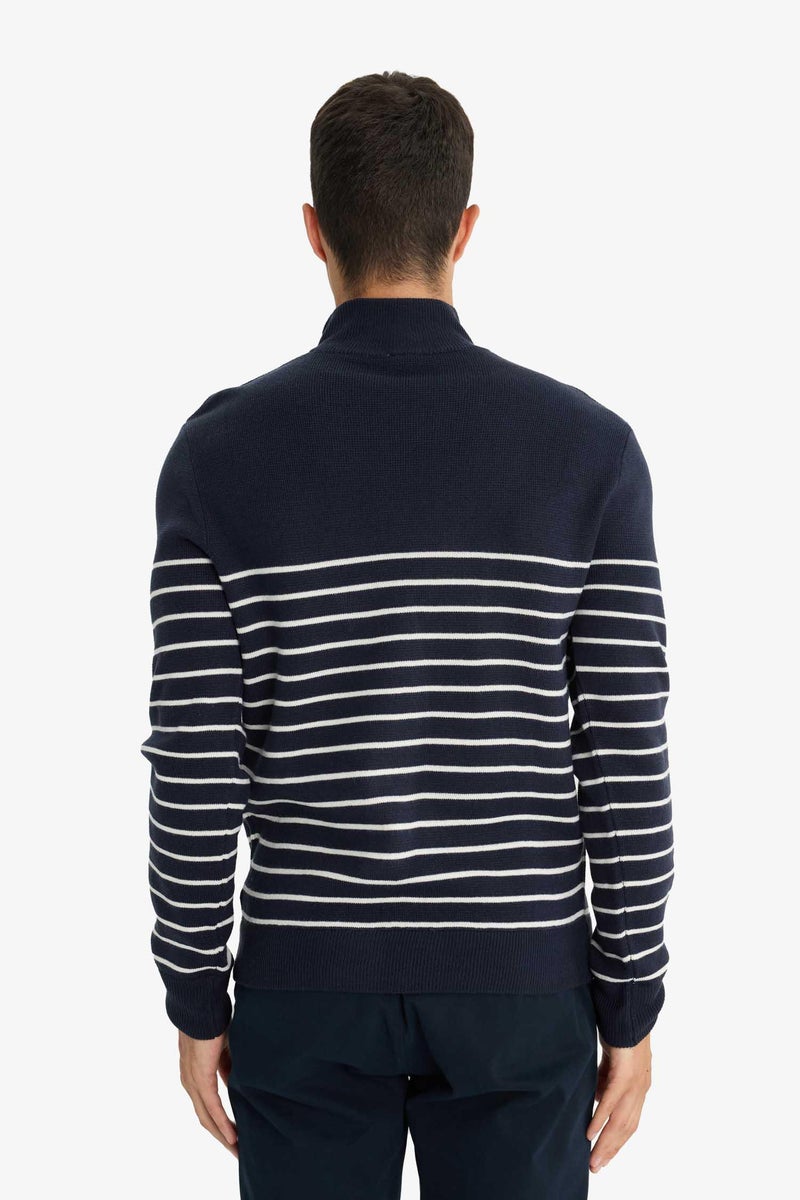 DeFacto Blue Man Standard Fit Half Zippered Striped Knit Pullover Casual - Image 5